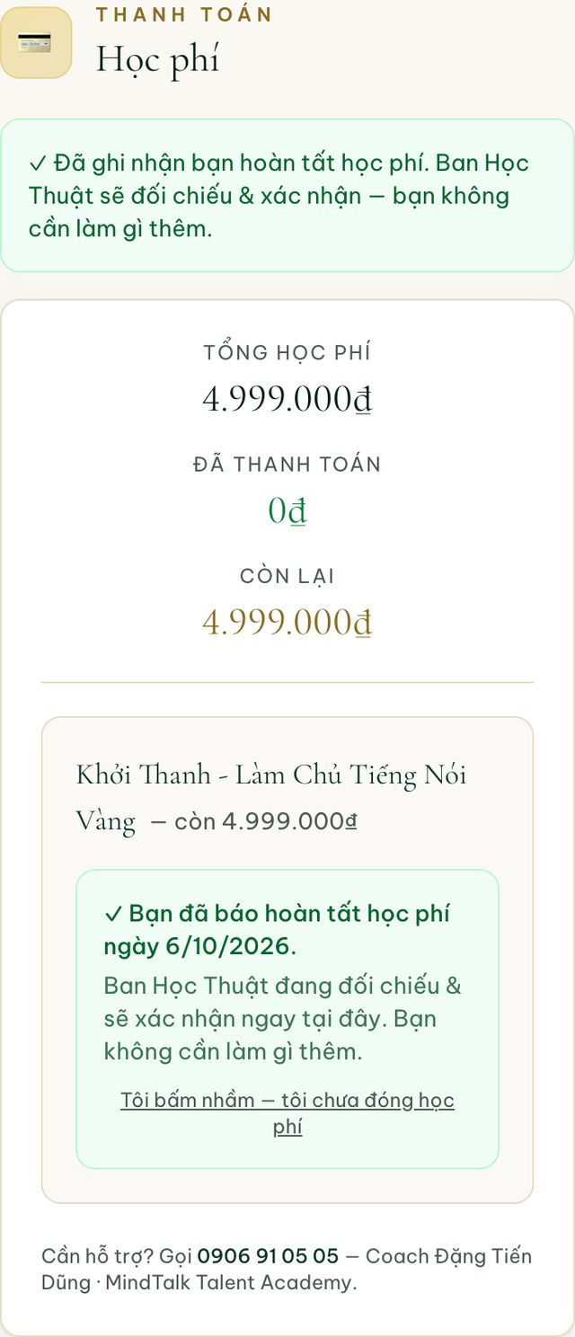 Đã báo hoàn tất học phí