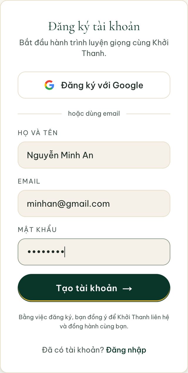 Trang đăng ký tài khoản