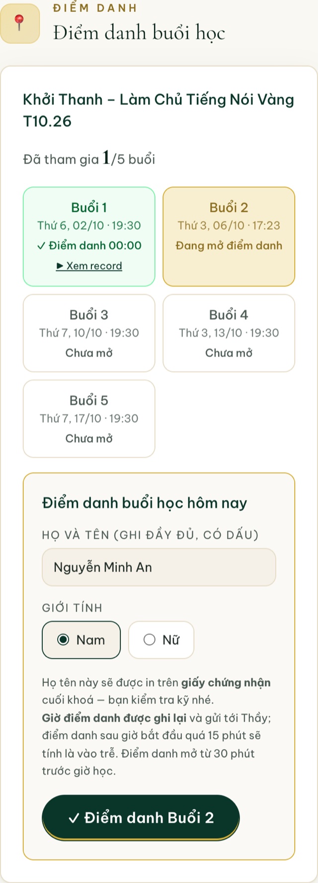 Khung điểm danh buổi học
