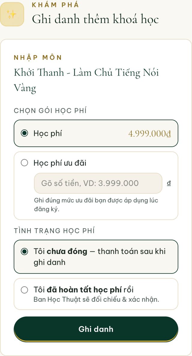 Chọn gói học phí, tình trạng học phí và ghi danh