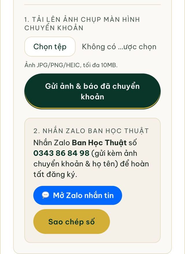 Gửi ảnh chuyển khoản và nhắn Zalo Ban Học Thuật