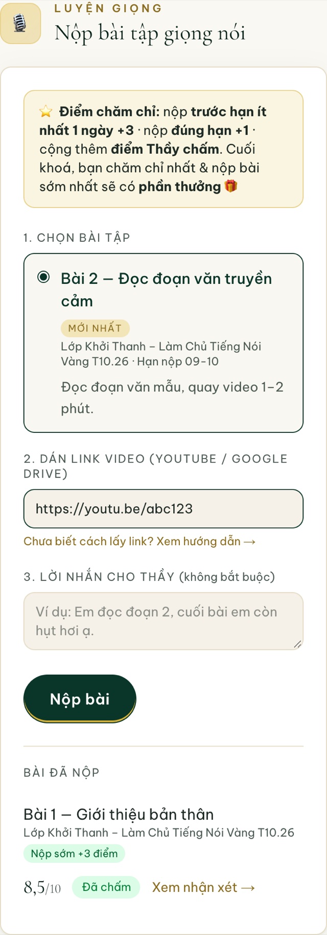 Khung nộp bài tập giọng nói